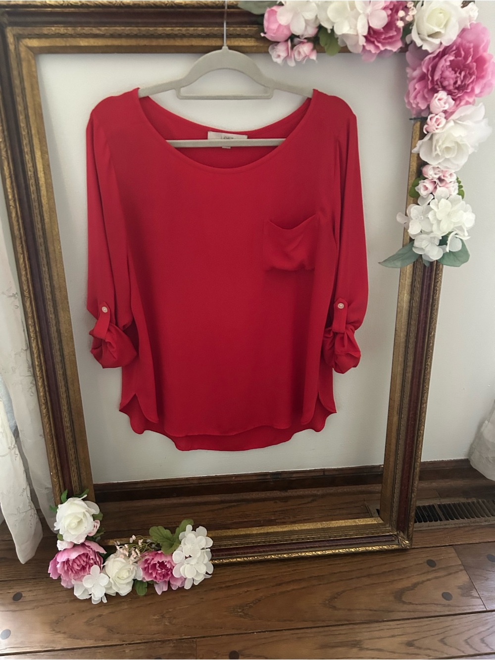 LOFT Red Roll-Tab Pocket Blouse